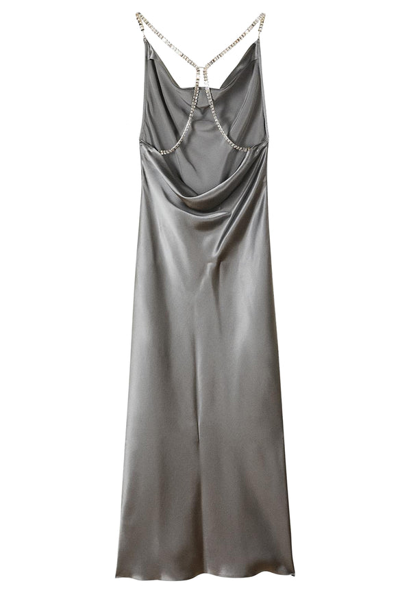 Open Back Jewel Detail 100% Silk Dress