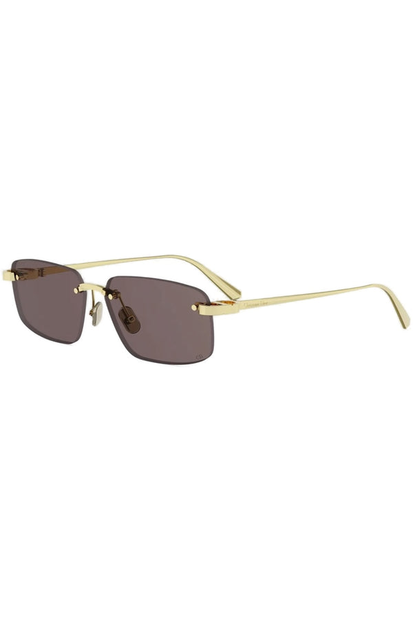 Rimless square sunglasses with gold metal frames and dark brown tinted lenses, shown on a plain white background.