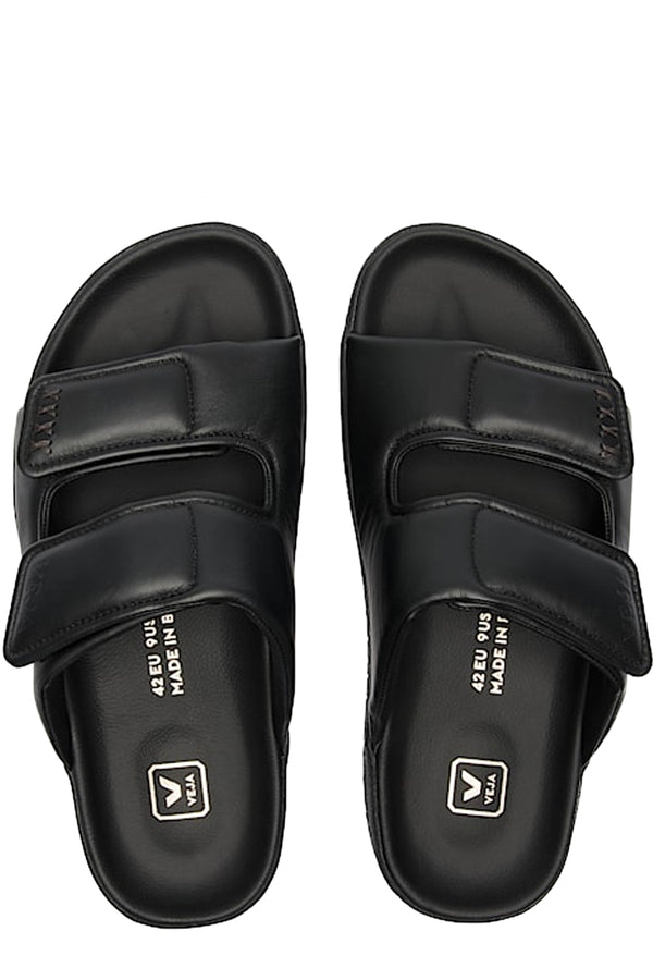 Top view of Veja Etna sandals in black made from leather, shown against a plain white background.