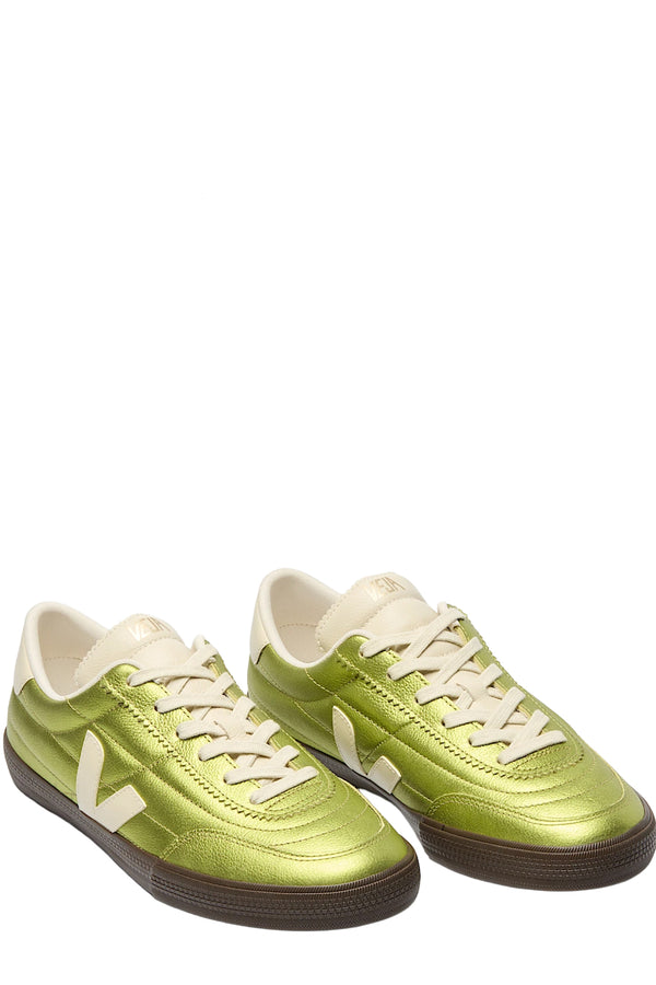 Top view of Veja Panenka sneakers in metallic green with seamlines made from leather shown against a plain white background.