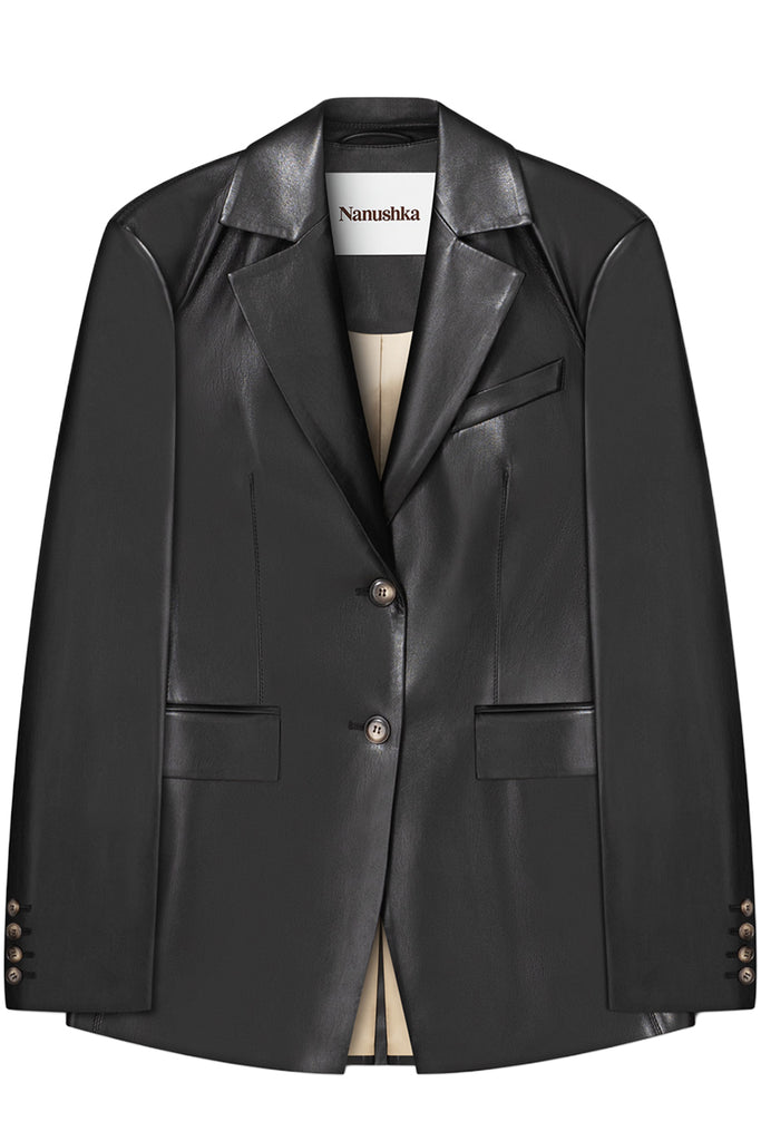 A black faux-leather blazer jacket by Namashka, featuring structured shoulders, a two-button front closure, and flap pockets, displayed on a clean white background.