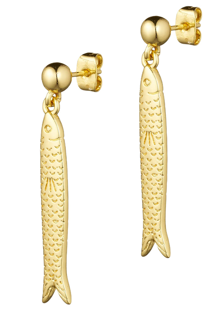 A pair of gold fish-shaped dangle earrings with textured scales and post-back closures, shown on a plain white background.