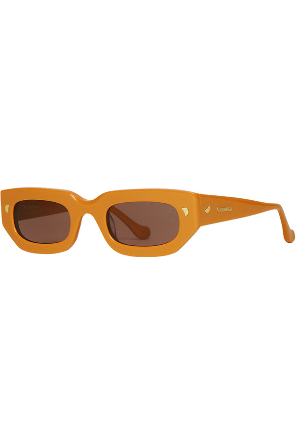 Orange acetate square sunglasses with brown tinted lenses and small gold heart-shaped accents on the temples, shown against a plain white background.