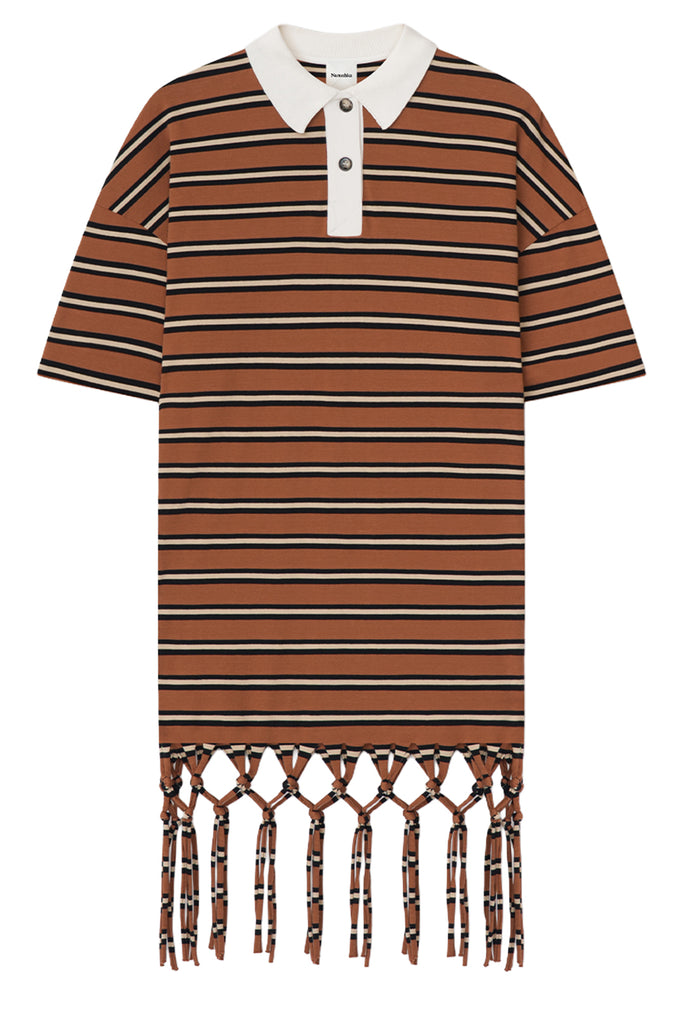A short-sleeve polo shirt dress with horizontal brown, beige, and black stripes, featuring a white collar and button placket, and a fringed hem.