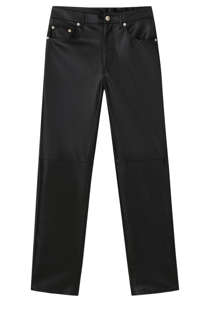 Black Nanushka faux leather pants with a straight-leg fit, featuring silver-tone metal rivets on the front pockets and a silver button closure.