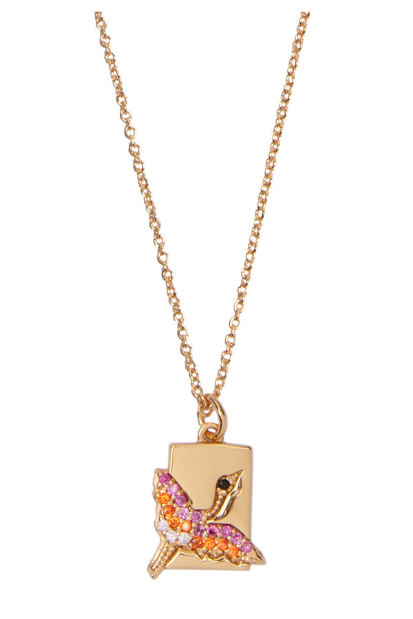 The crane rectangle necklace in gold, purple and orange colour from the brand ALL THE LUCK IN THE WORLD