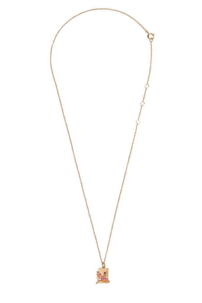 The crane rectangle necklace in gold, purple and orange colour from the brand ALL THE LUCK IN THE WORLD