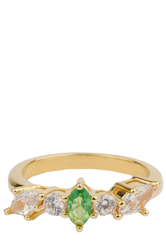 The diamond ring in gold, green and clear colour from the brand ALL THE LUCK IN THE WORLD
