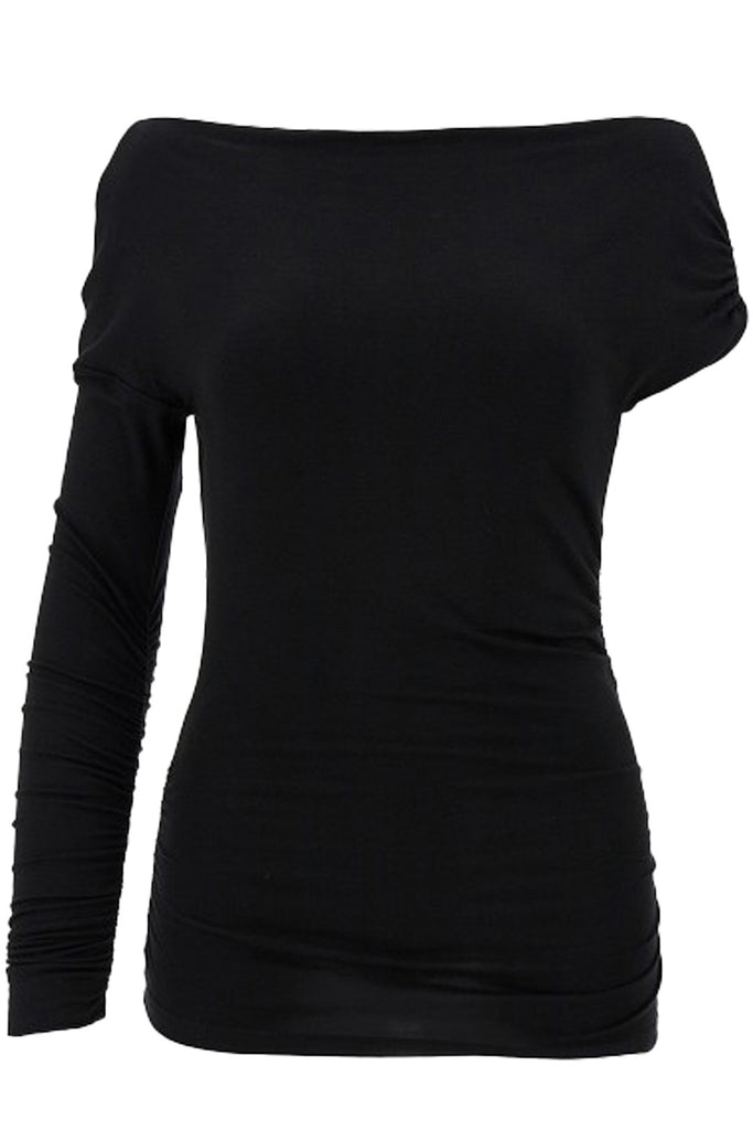 The asymmetric ruched top in black color from the brand BLUMARINE