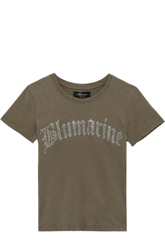 The crystal-embellished logo-detail T-shirt in taupe color from the brand BLUMARINE