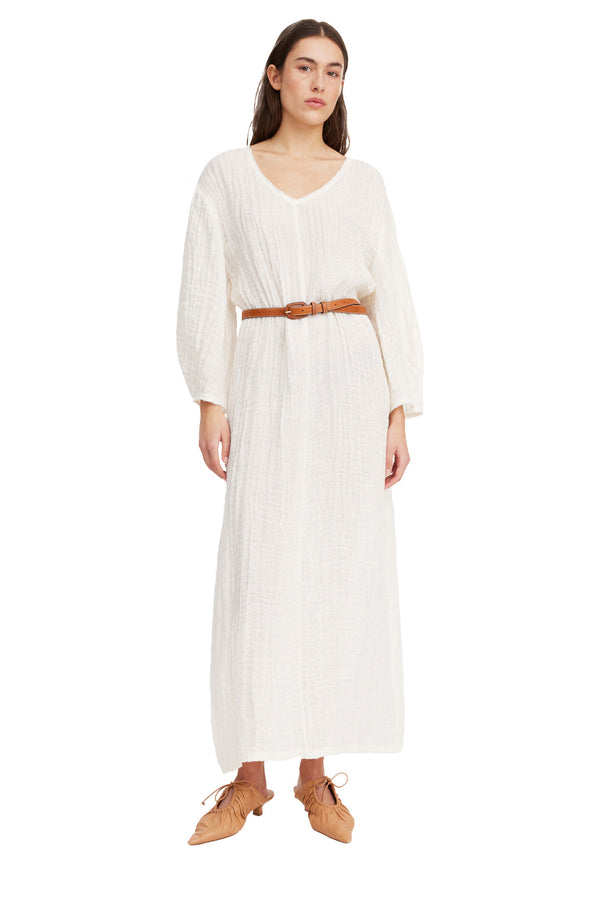 Model wearing the Miolla Organic-Linen Maxi Dress in white colour from the brand BY MALENE BIRGER