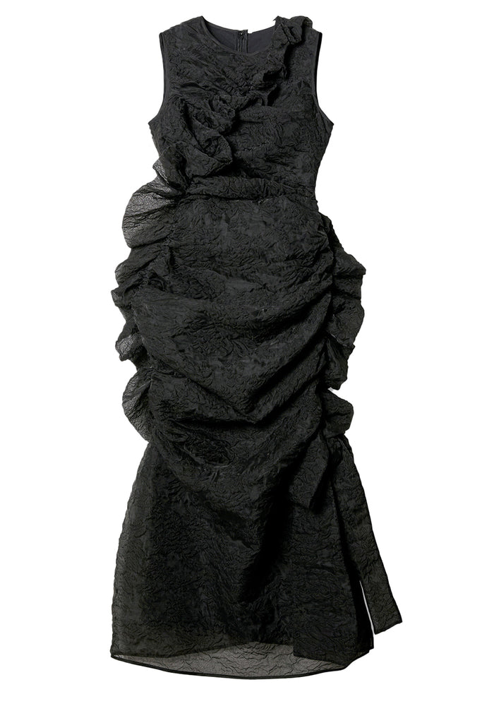 The Gabriella Long Sleeveless Dress With Asymmetrical Ruffles in black colour from the brand CECILIE BAHNSEN