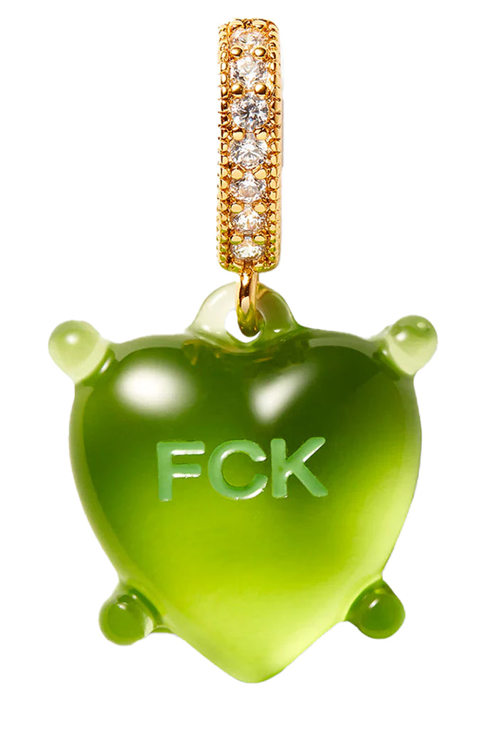 The Dilemma heart fck pendant with pave connector in gold and green colour from the brand CRYSTAL HAZE
