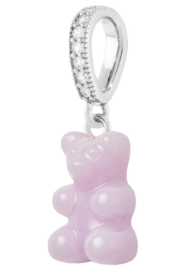 The nostalgia bear pendant with pave connector in silver and lavender colors from the brand CRYSTAL HAZE