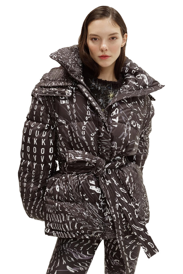 Model wearing the Rora logo-print feather down jacket in black colour from the brand CUKOVY
