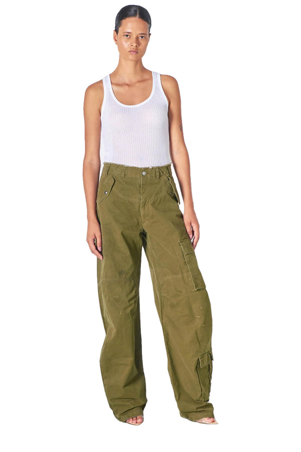Model wearing the Rosalind bow cargo pants in military green color from the brand DARKPARK