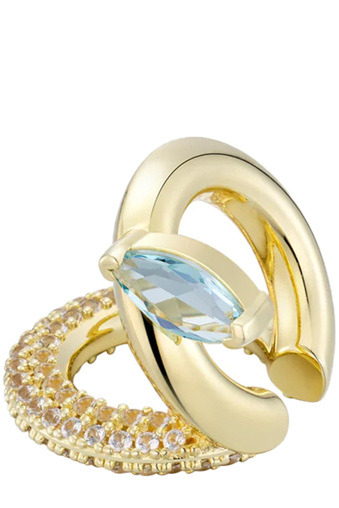 The marquise ear cuff in gold and aquamarine colour from the brand F+H JEWELLERY