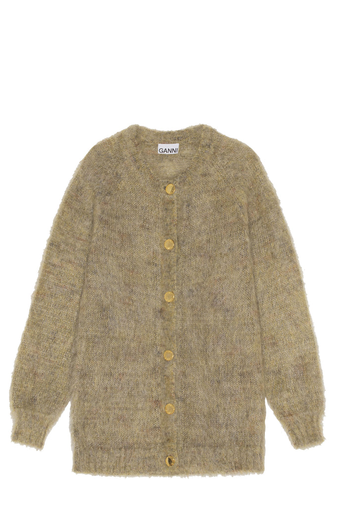 The brushed mohair cardigan in petrified oak color from the brand GANNI.