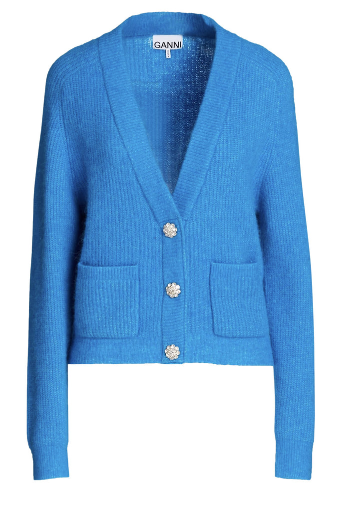 The embellished-button knitted wool cardigan in turquoise color from the brand GANNI.