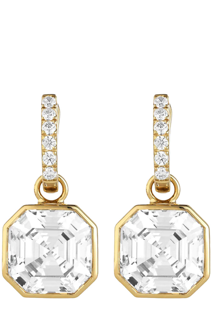 The Deco Dreams drop earrings in gold and clear colours from the brand HEAVENLY LONDON