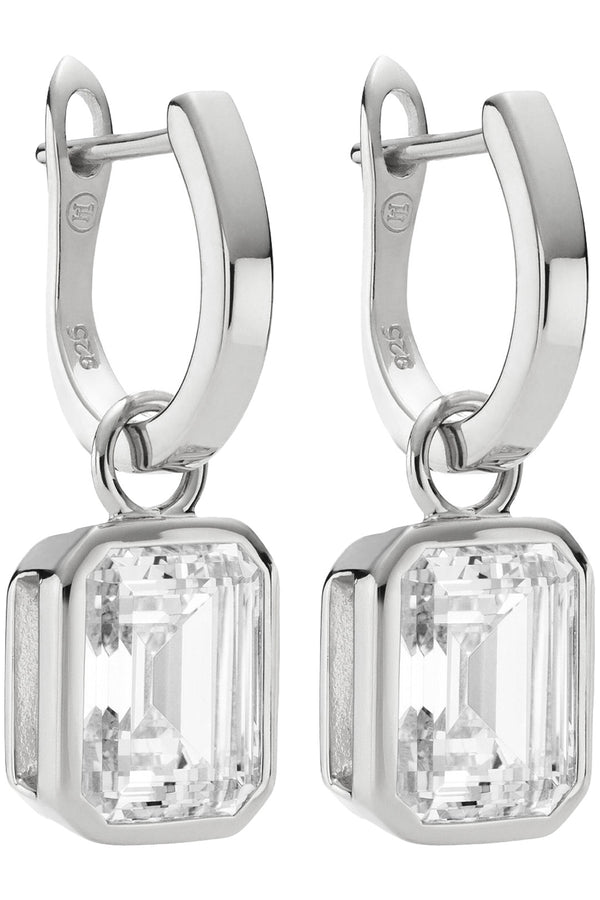 The Emerald Cut drop earrings in silver and clear colours from the brand HEAVENLY LONDON