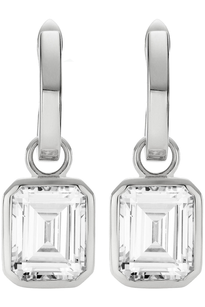 The Emerald Cut drop earrings in silver and clear colours from the brand HEAVENLY LONDON