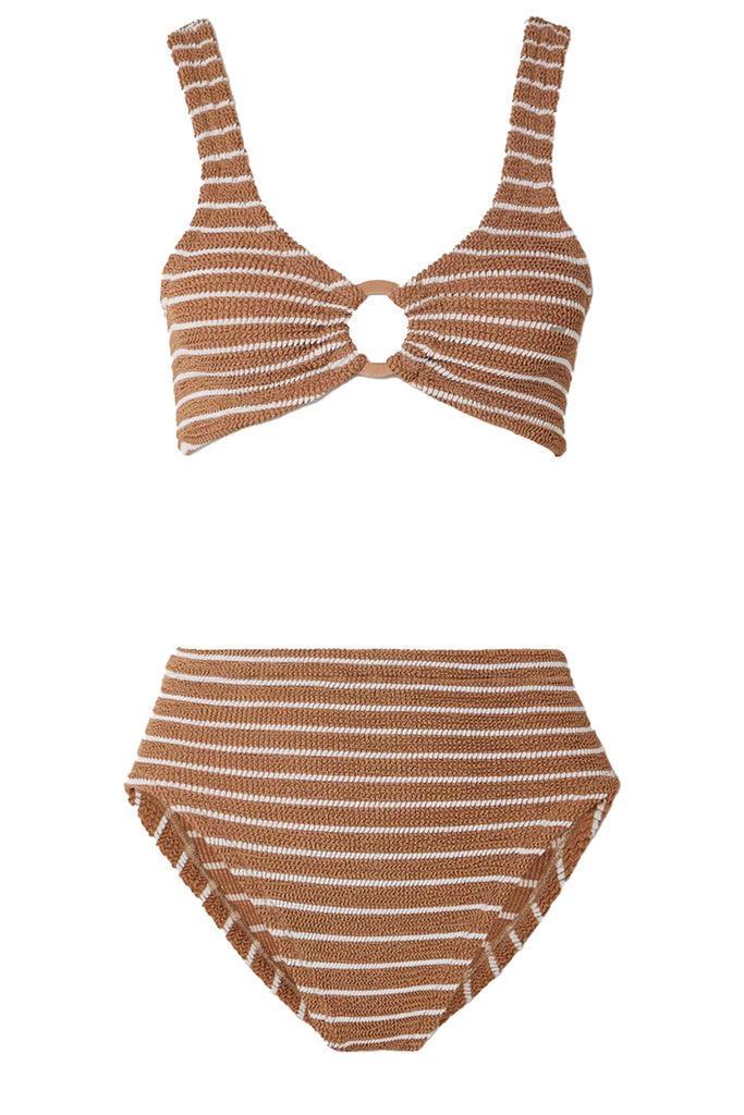 The Nadine Ring-Detail High-Rise Bikini in Metallic Cocoa and White colours from the brand HUNZA G