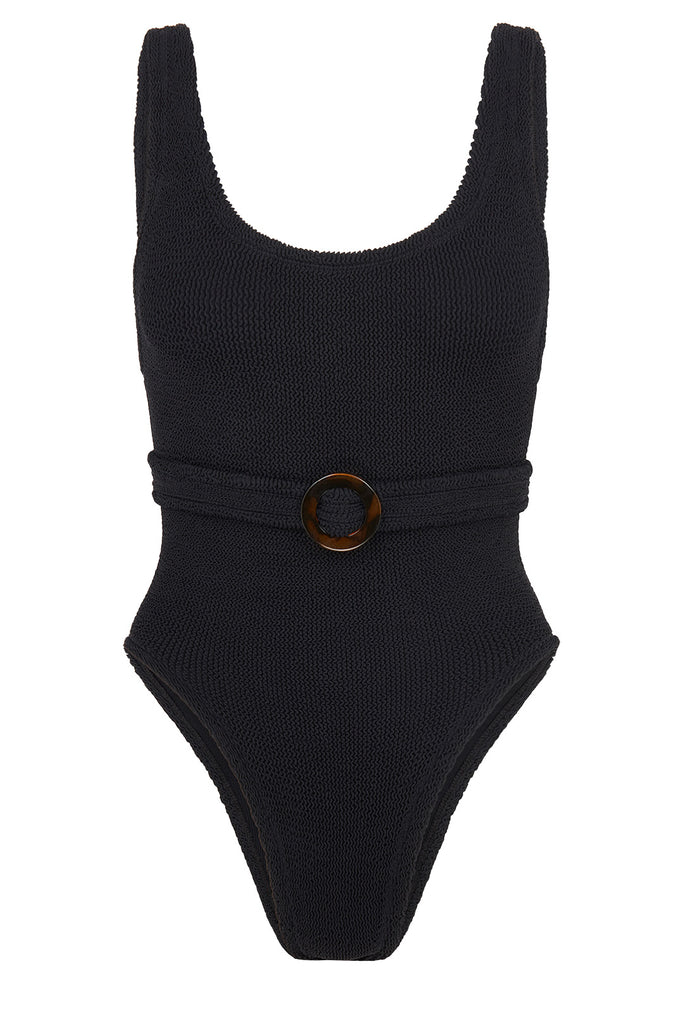 The Solitaire belted swimsuit in black color from the brand HUNZA G