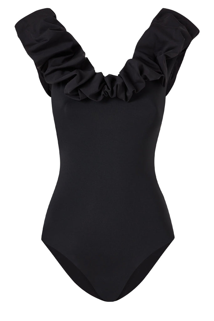 The Mia ruffled off-the-shoulder swimsuit in black color from the brand MAYGEL CORONEL