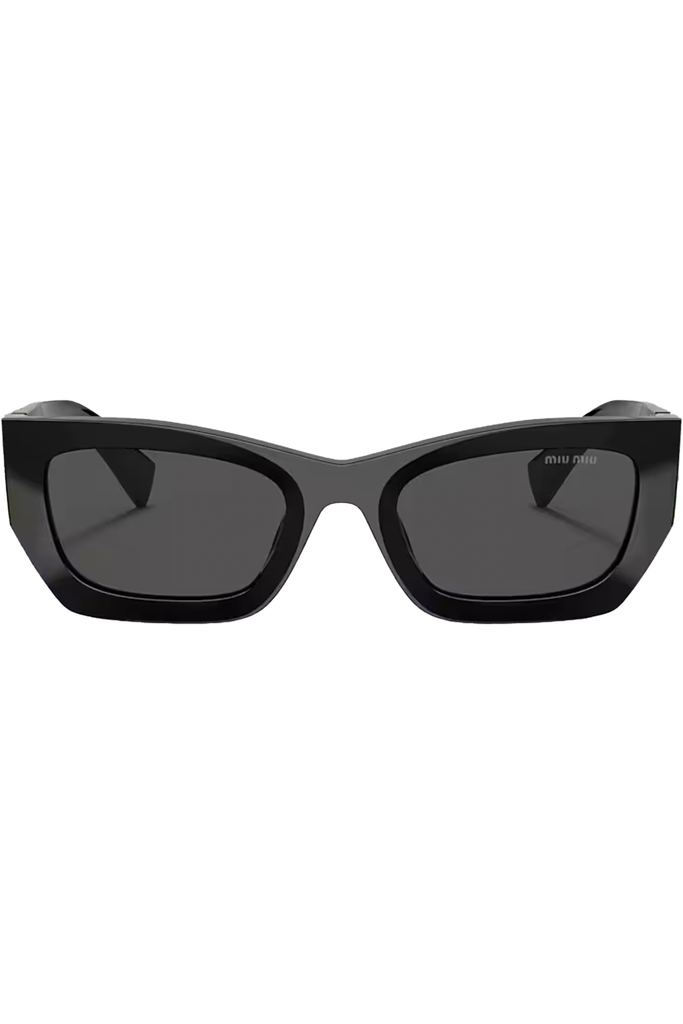 The square frame bold temple sunglasses in black and grey color from the brand MIU MIU