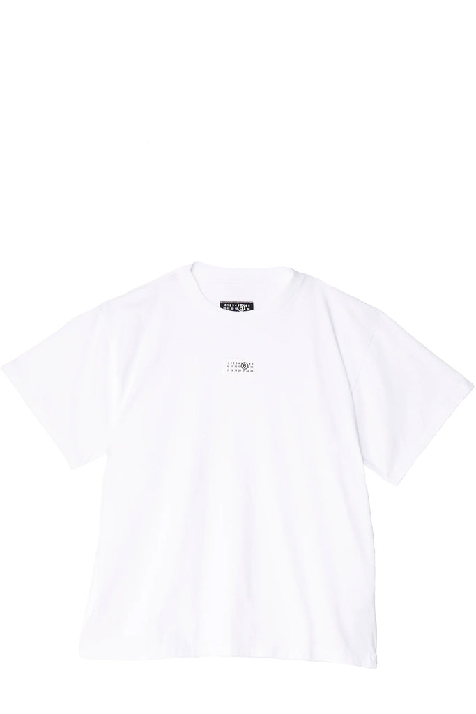 The cropped logo-detail crewneck T-shirt in white colour from the brand MM6 MAISON MARGIELA