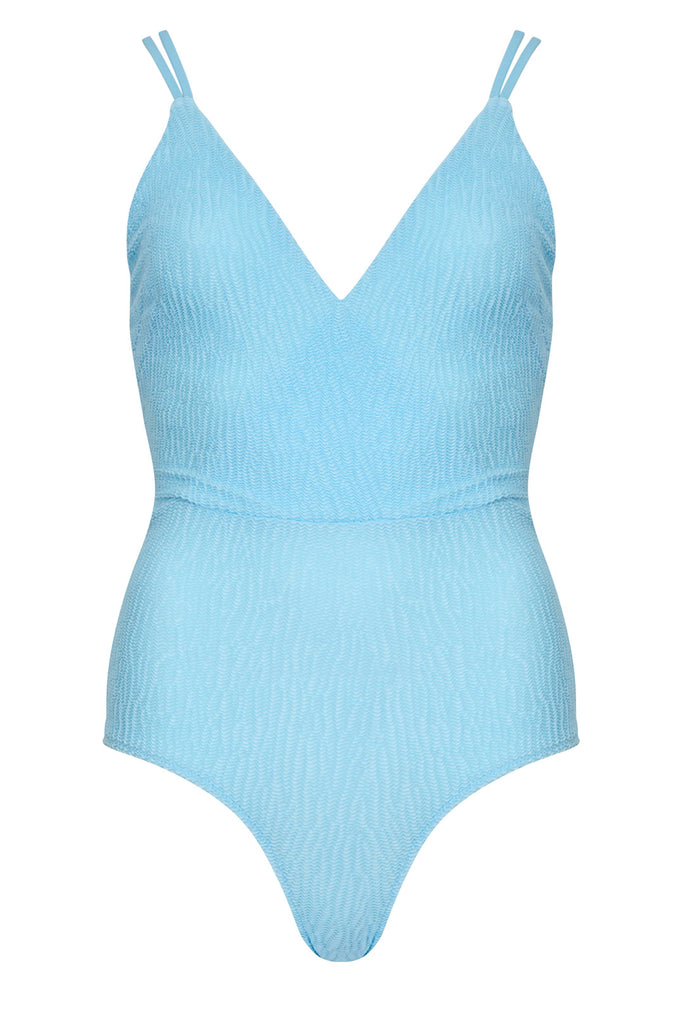 The Ava textured double-strap v-neck swimsuit in light blue color from the brand PELSO
