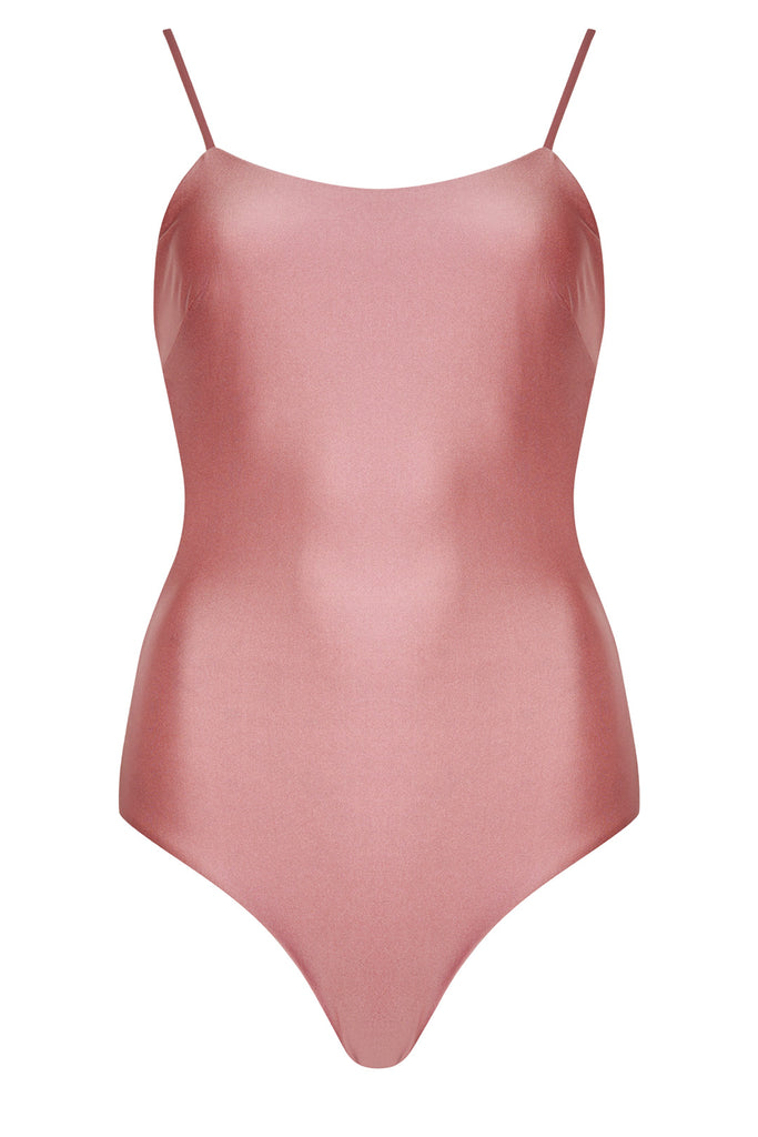 The Camille reversible open-back swimsuit in powder pink colorfrom the brand PELSO