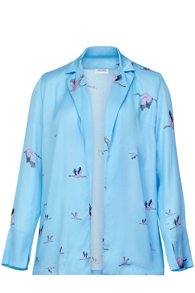 The Ella heron-print oversize blazer in light blue color from the brand PELSO