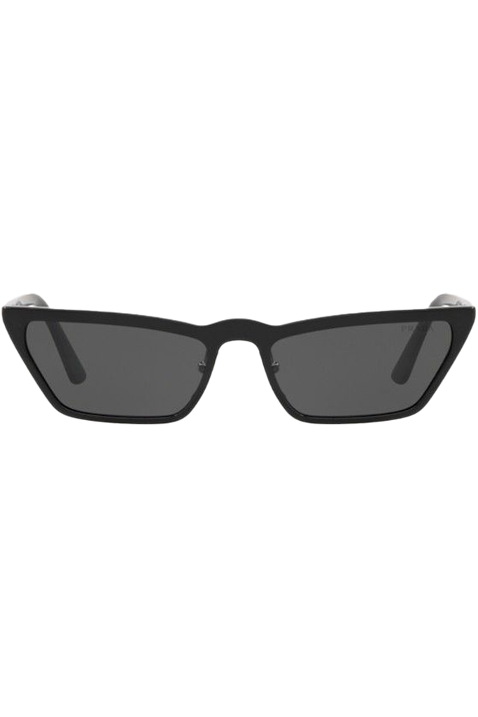 The narrow cat-eye logo temple sunglasses in black and grey color from the brand PRADA