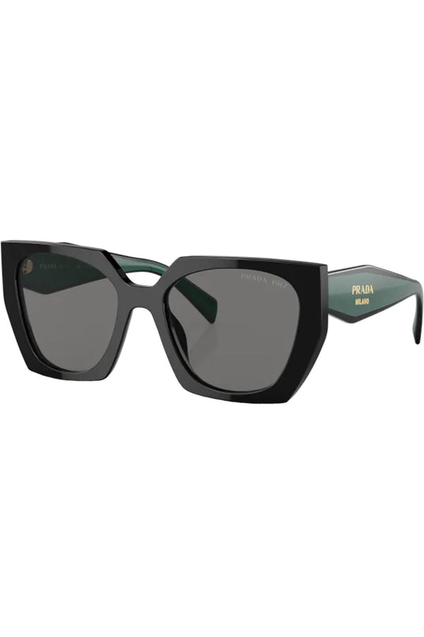 The rectangular oversize-frame geometric-temple sunglasses in black and green colors with grey lenses from the brand PRADA