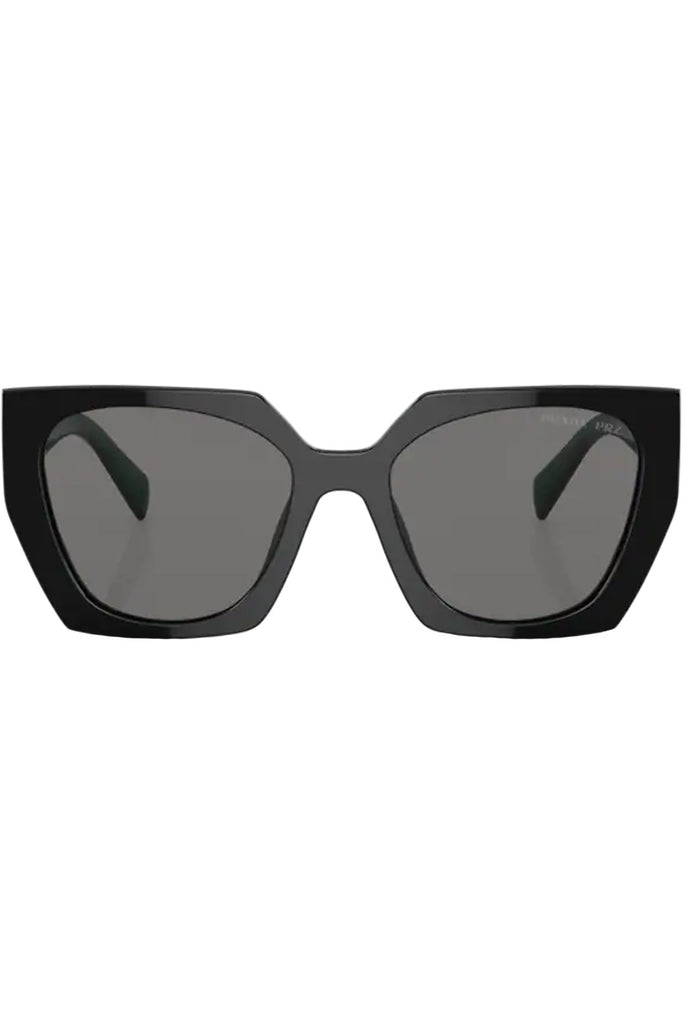 The rectangular oversize-frame geometric-temple sunglasses in black and green colors with grey lenses from the brand PRADA