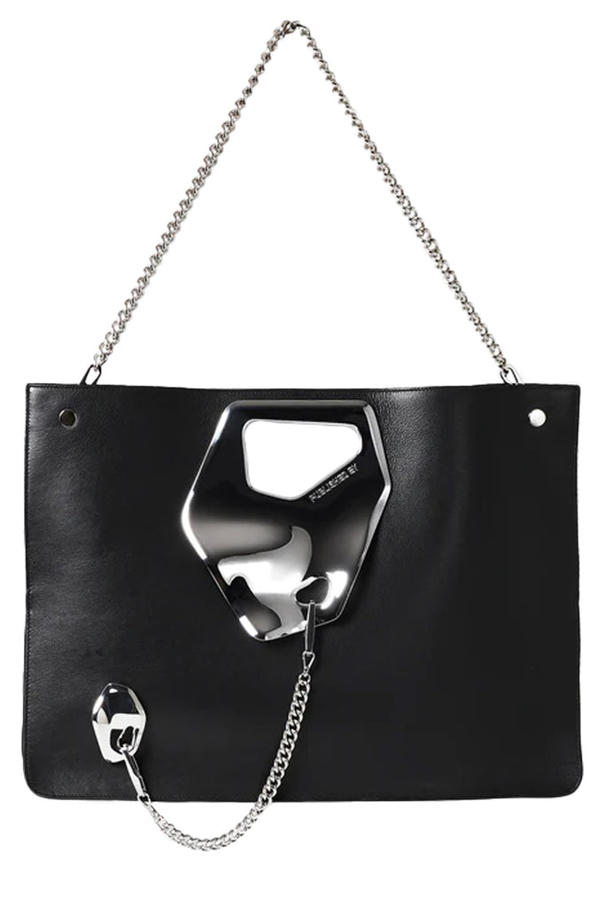 The Arabella wide chrome island-detail tote bag in black and silver colours from the brand PUBLISHED BY