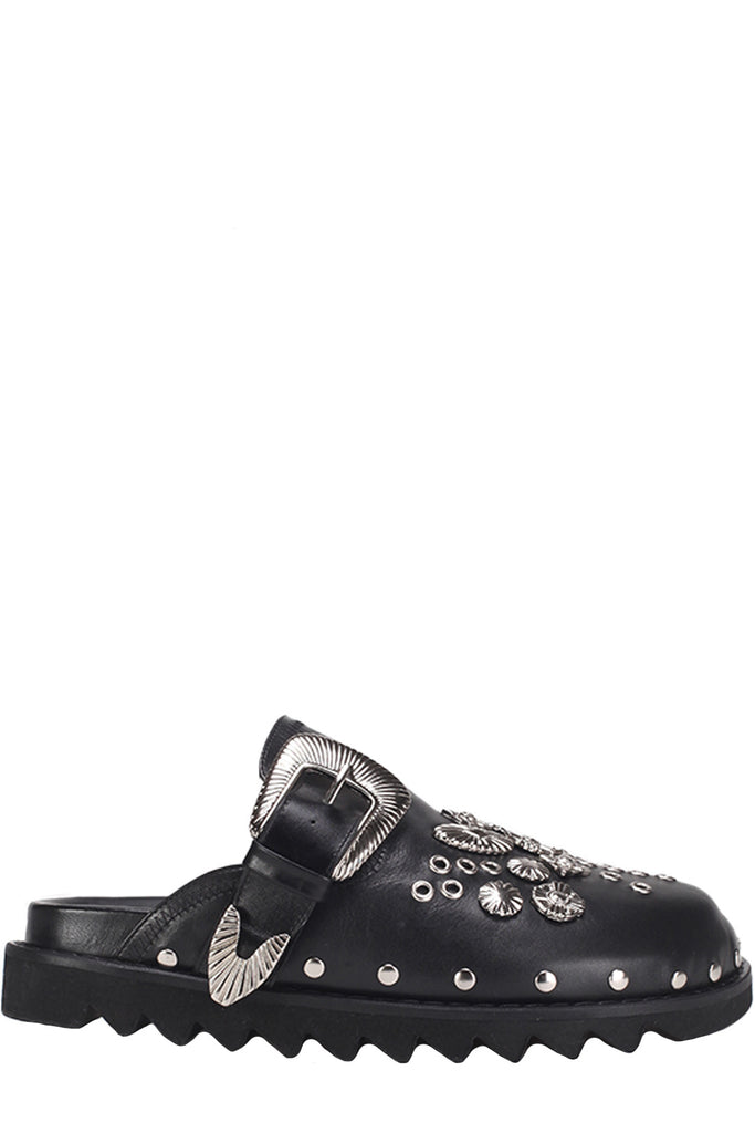 The eyelet-embellished buckle-detail leather mules in black colour from the brand TOGA PULLA
