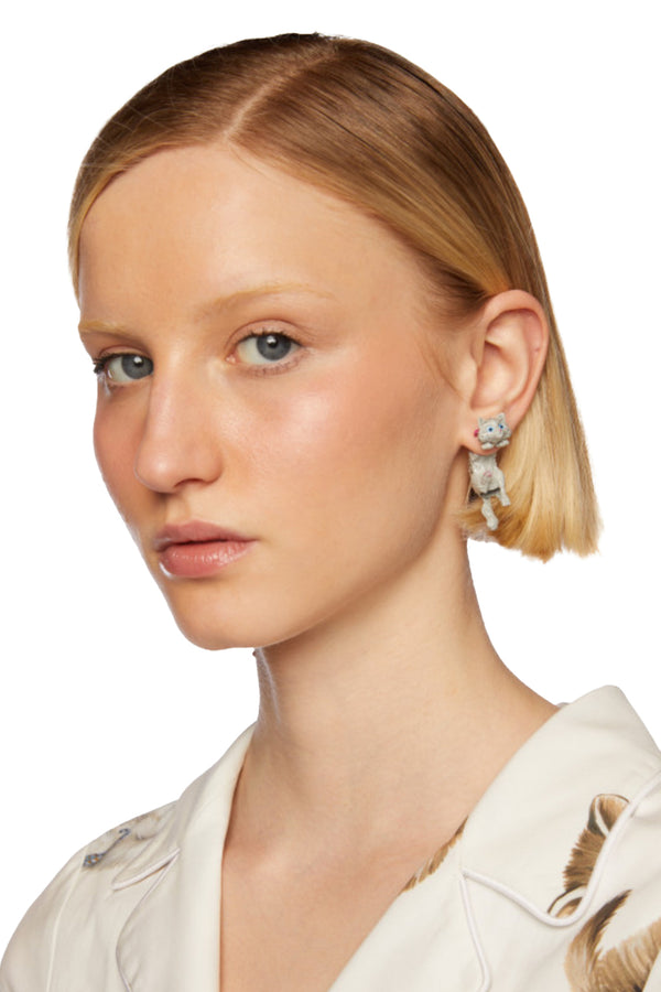 Model wearing Cat Earrings in grey colour from the brand VIVETTA