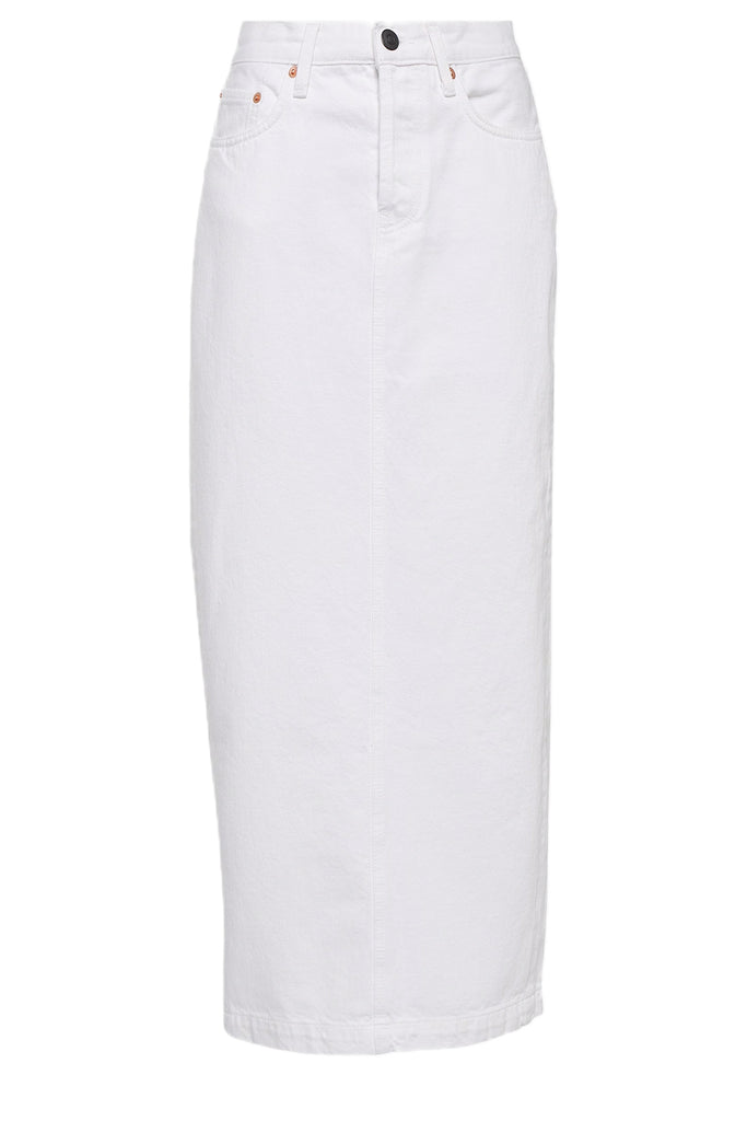 The Back-Slit Denim Maxi Skirt in white colour from the brand Wardrobe.NYC