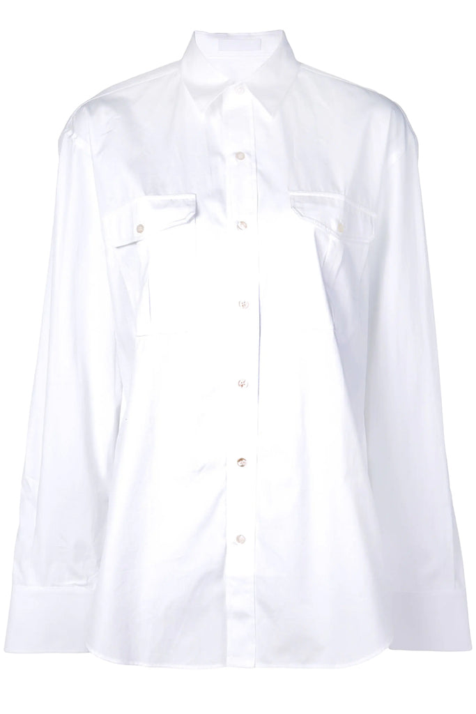 The Oversize Long-Sleeve Pocket-Embellished Shirt in white colour from the brand Wardrobe.NYC